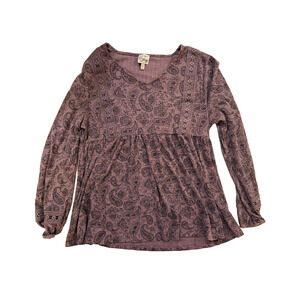 Como Vintage Shirt Womens Medium Purple Paisley Crochet Boho V Neck Long Sleeve